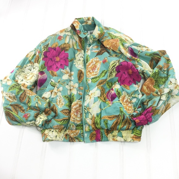 Vintage Jackets & Blazers - VTG Floral Tropical Oversized Bomber Jacket S / M